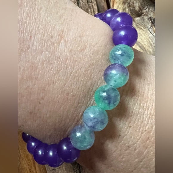 New 925 Green Fluorite & Amethyst Bracelet Natural Stone Beaded Stretchy 8mm - Picture 5 of 5